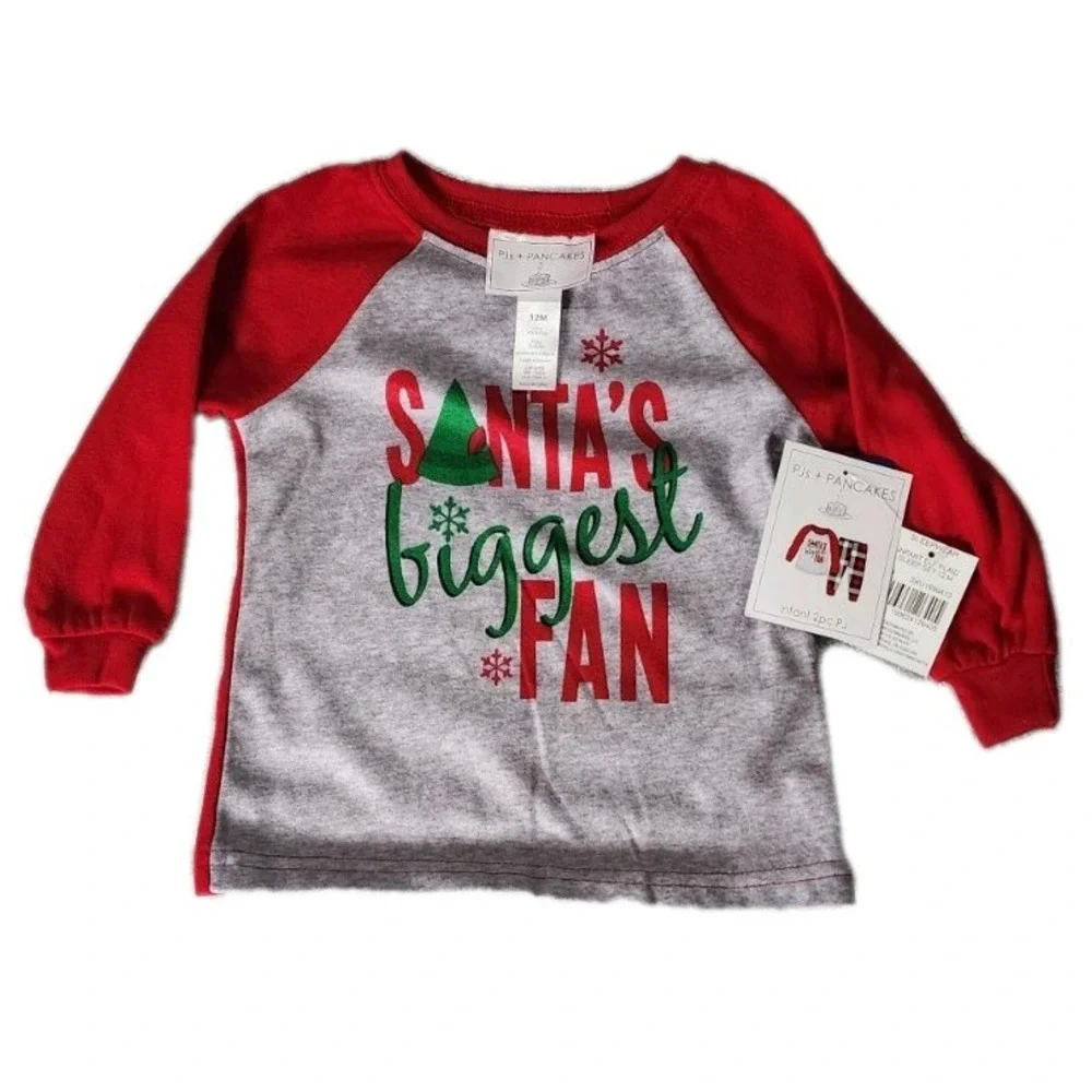 PJ's + Pancakes Shirt Infant 12m Red Gray Santa's Biggest‎ Fan Long Sleeve Tee